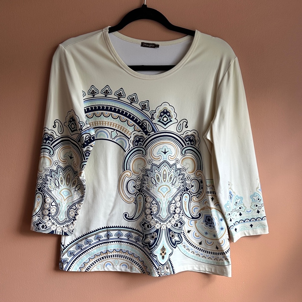 J. McLaughlin Cream and Blue Paisley Blouse